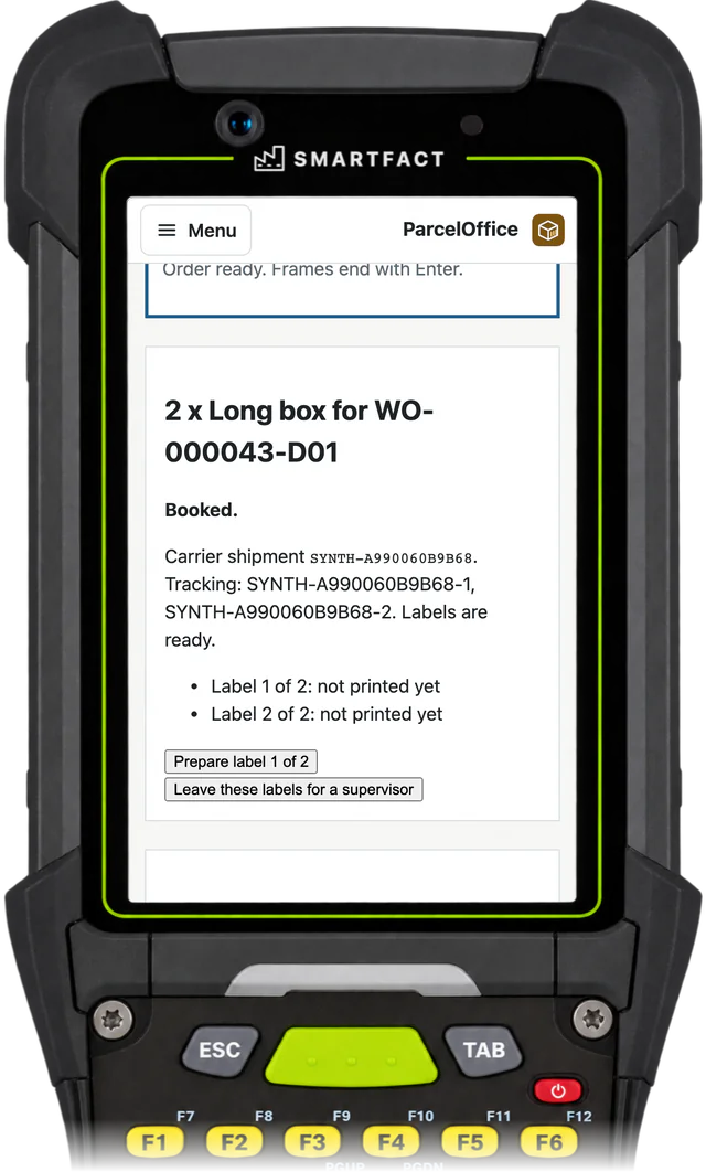 ParcelOffice despatch station showing one booking of 2 x Long box for WO-000043-D01, with a tracking reference for each parcel and both labels ready