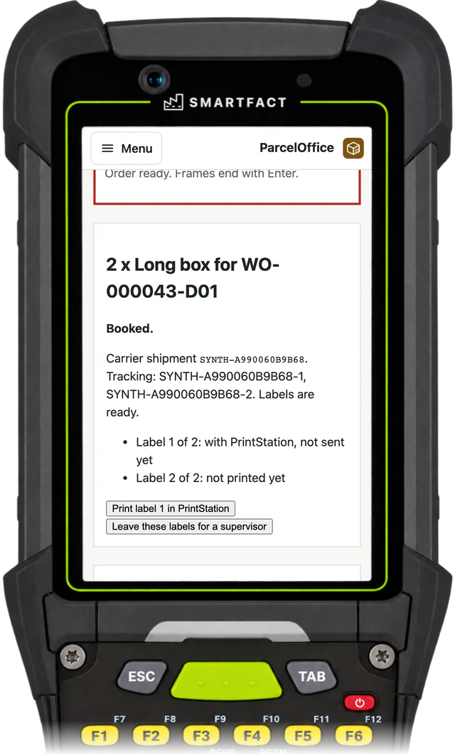 ParcelOffice despatch station showing 2 x Long box for WO-000043-D01 booked with two tracking references, label 1 of 2 with PrintStation and label 2 of 2 waiting