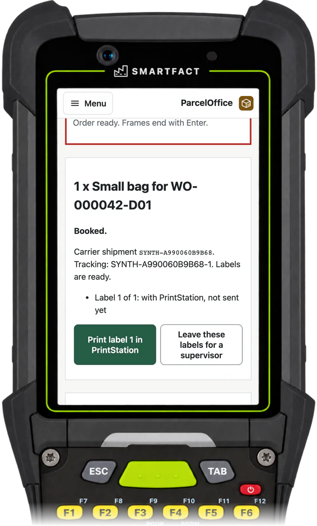 ParcelOffice despatch station showing label 1 of 1 for the booked small bag handed to PrintStation
