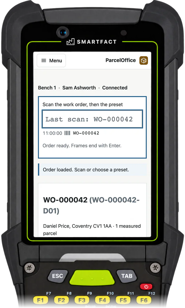 ParcelOffice despatch station with work order WO-000042 loaded: Daniel Price, Coventry CV1 1AA, one measured parcel, ready for a preset scan