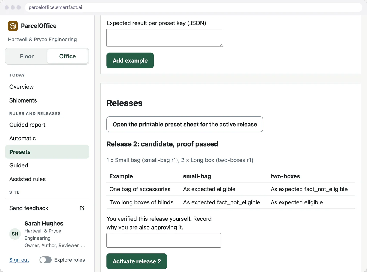 ParcelOffice preset release page showing release 2 as a candidate with its proof passed against eligible and ineligible examples